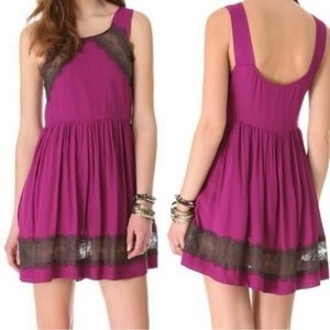 Free People Georgia Mini Swing Dress Magenta Plun Gray Lace Trim Size 2